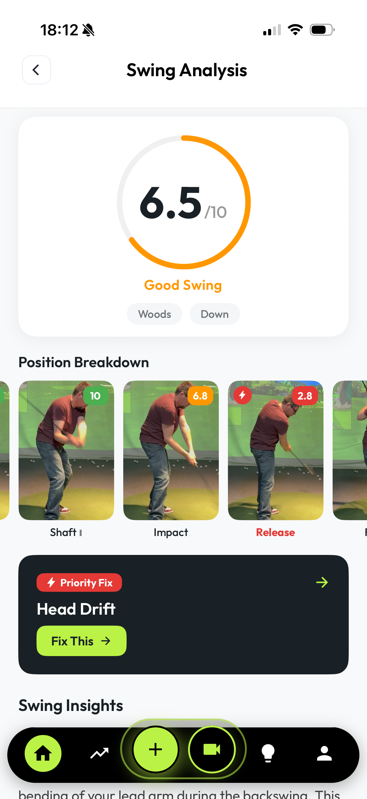 Swing analysis score with position breakdown and priority fix card