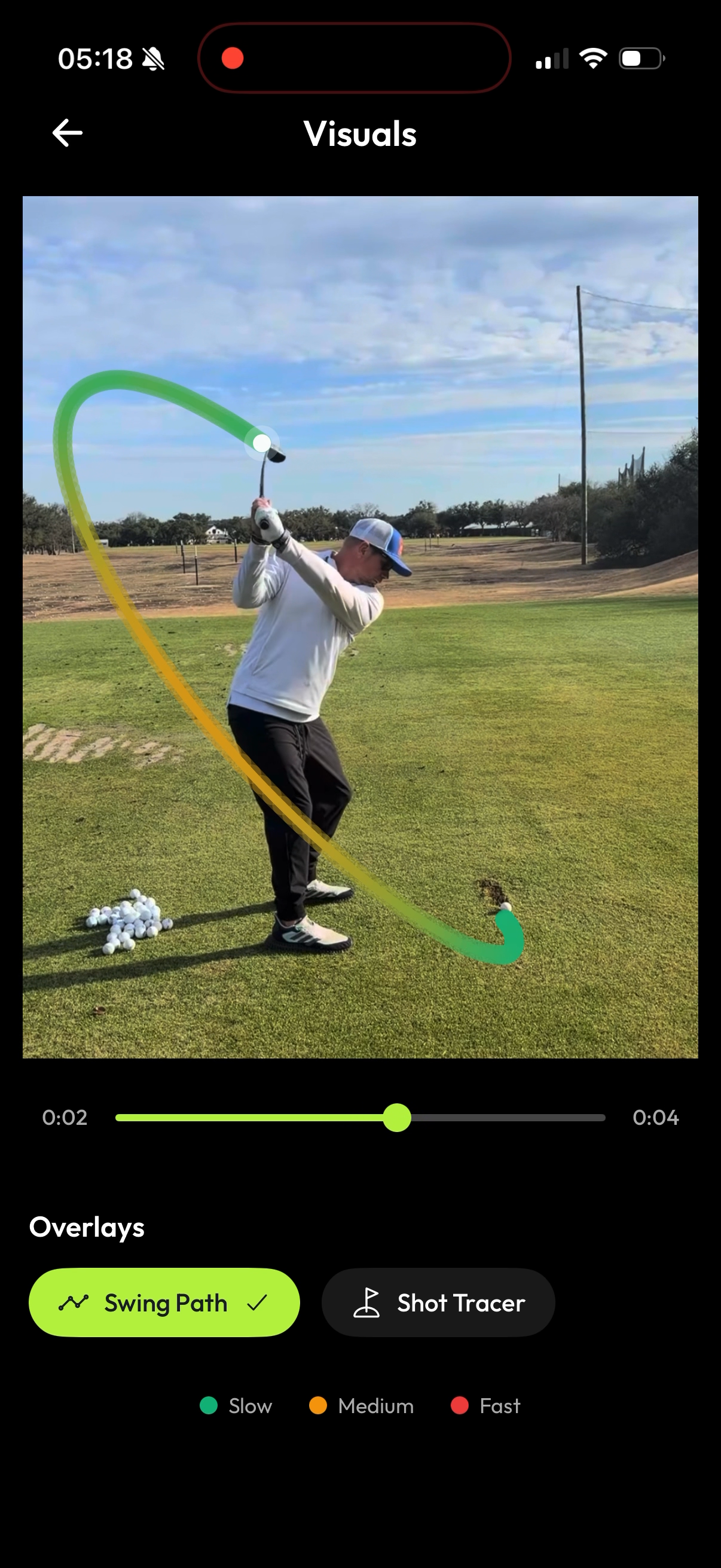 Swing visuals screen with swing path overlay